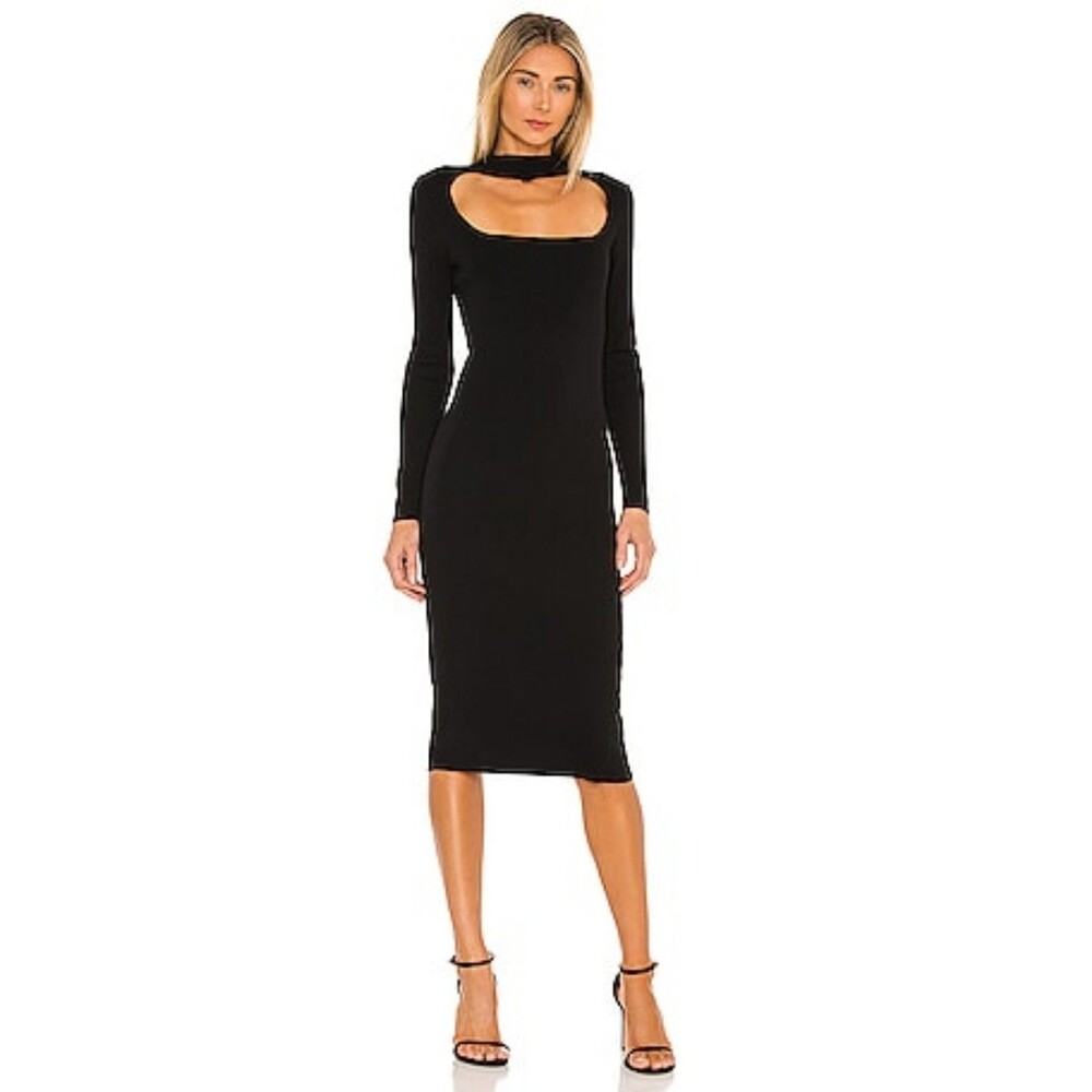 525 America Cut Out Mock Neck Dress Long Sleeve Knit Midi Dress Black Sz S